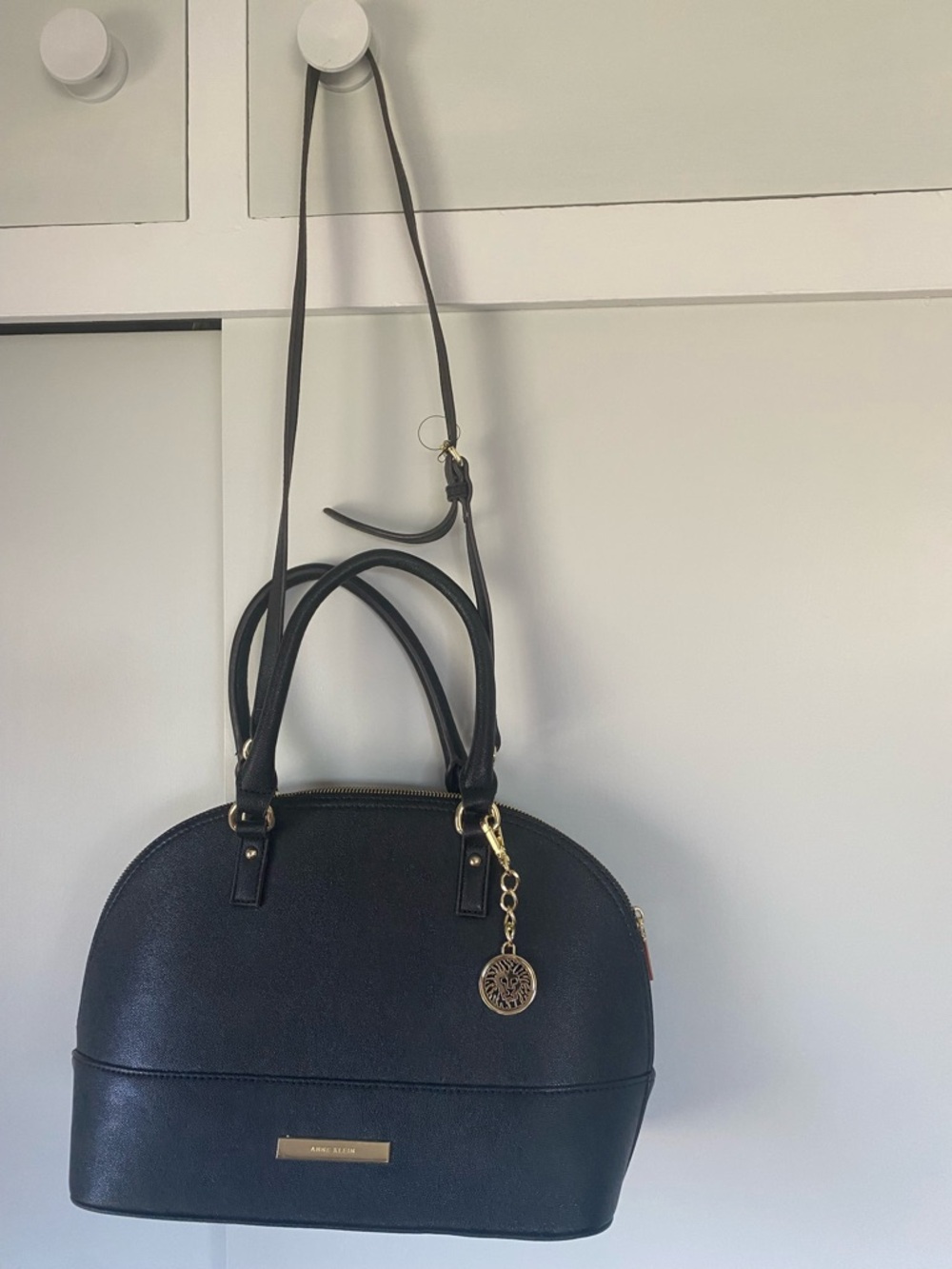 Anne Klein Black Dome Satchel Handbag with Lion Gold Accent